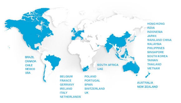 World Map World Map with blue indicator on Robert Walters' offices